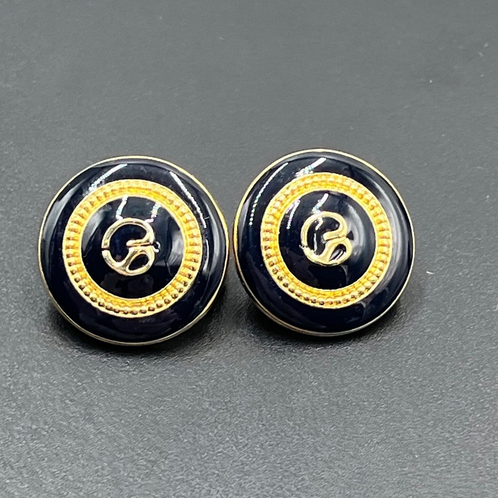 St. John Vintage‎ Black Enamel Gold Designer Logo Clip on Earrings